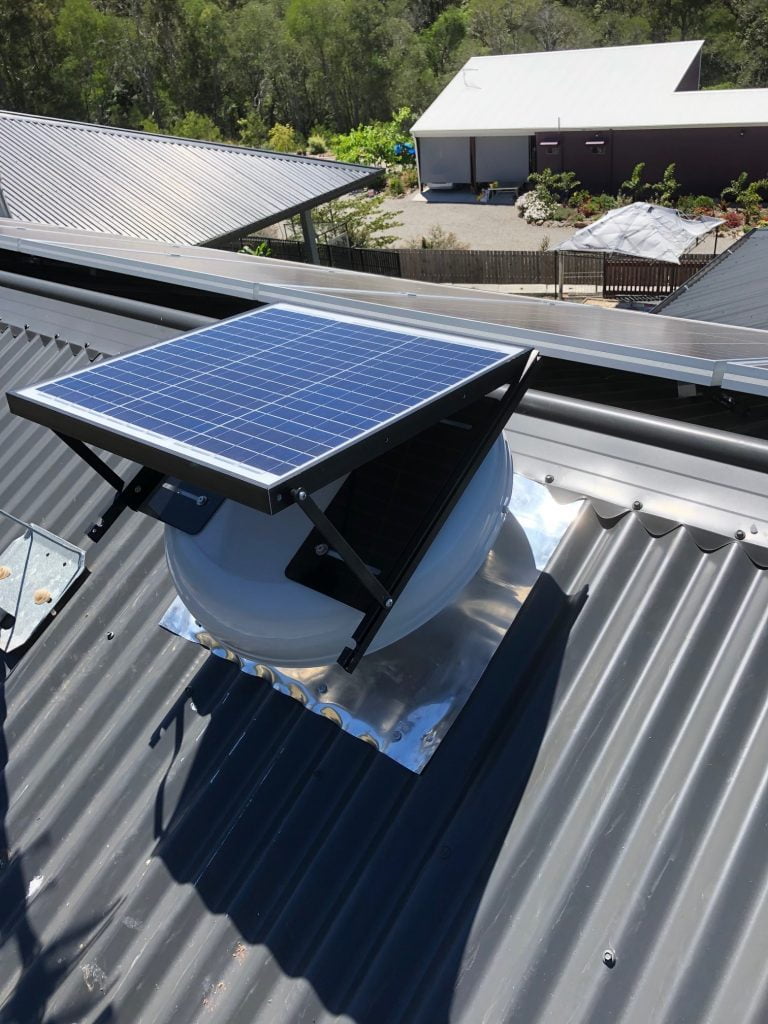 solar roof vent installed in a tin roof